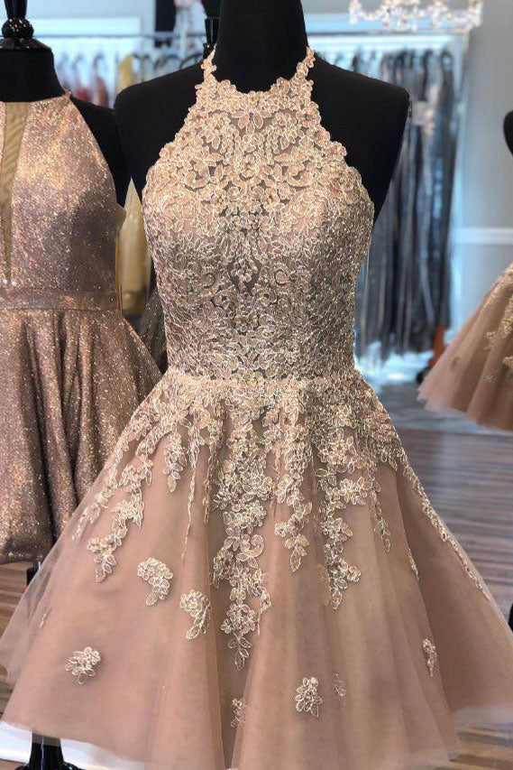 Champagne lace short prom dress, lace ...